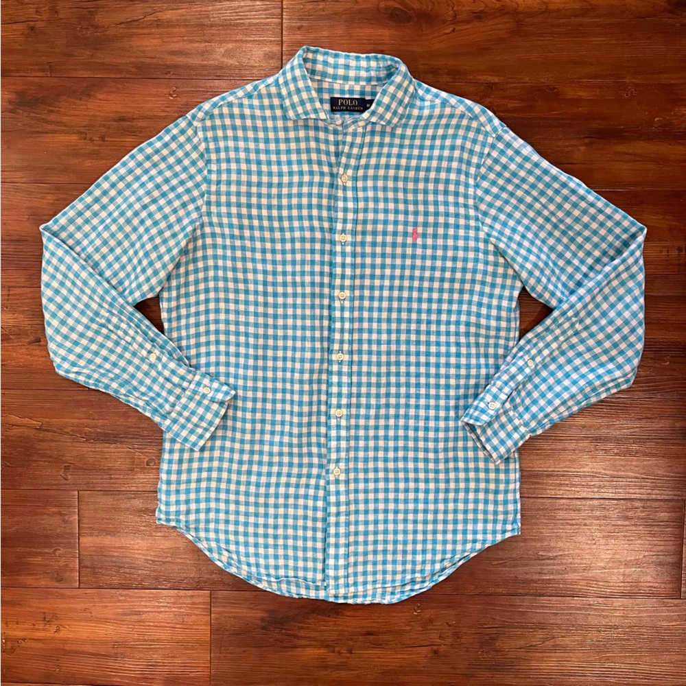 Polo Ralph Lauren 100% Linen Plaid Long Sleeve Button Up Shirt